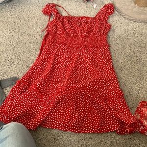 Wine red sun dress! Size small with white  dot design.